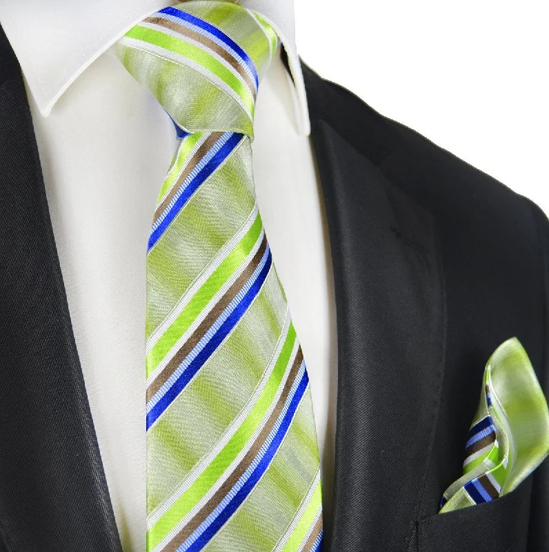 Parrot Green Striped Silk Tie and Pocket Square