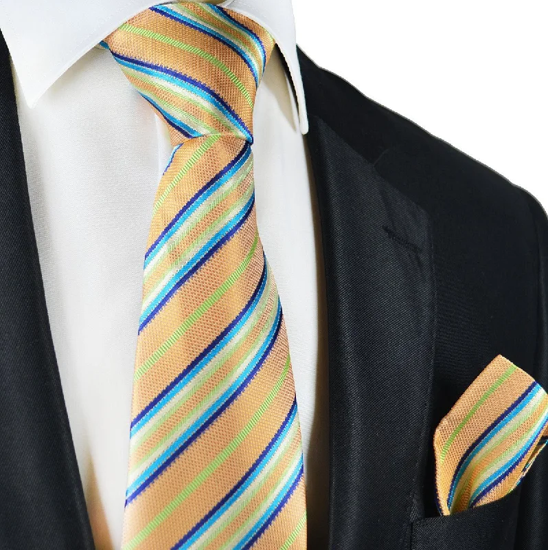 Peach Cobbler Striped Silk Tie and Pocket Square