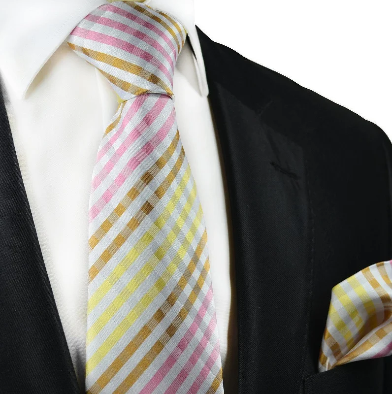 Pink and Brown Silk Tie and Pocket Square