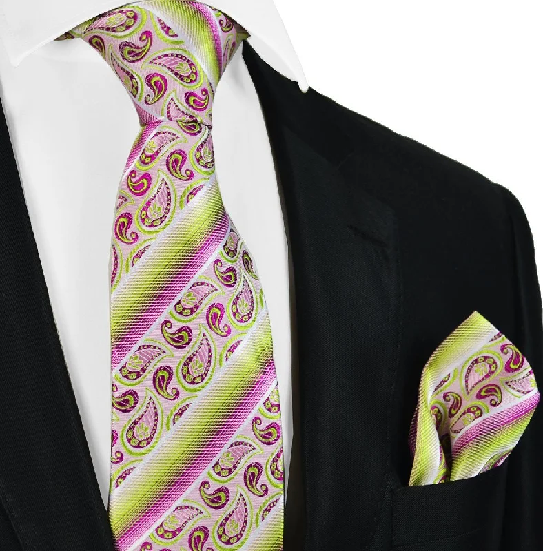 Pink and Lime Green Striped Silk Tie and Pocket Square