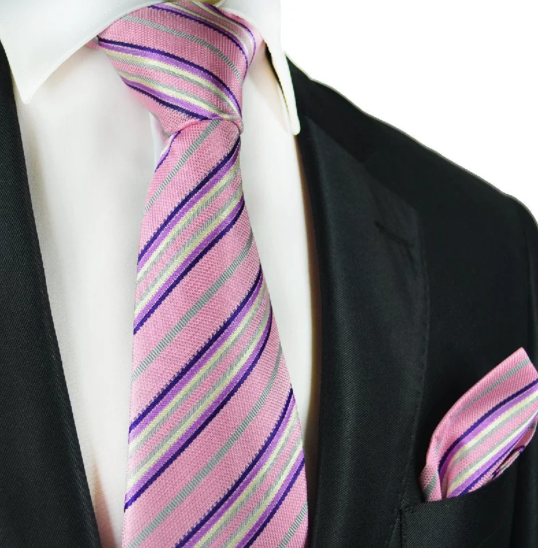 Pink and Purple Striped Silk Tie and Pocket Square