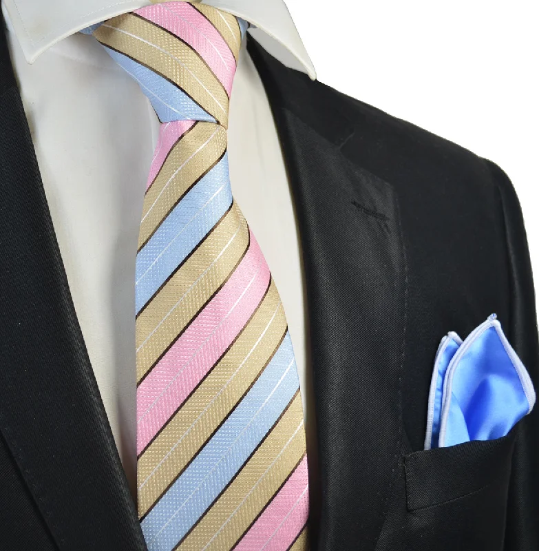 Pink, Sand and Baby Blue Tie and Pocket Square