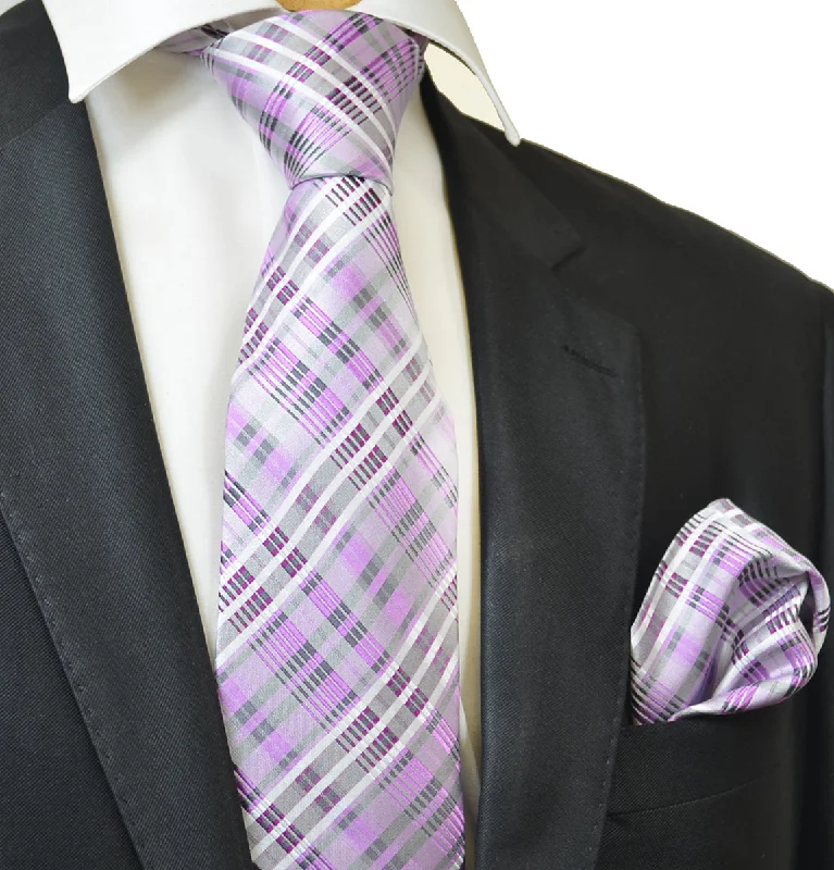 Iris Orchid and Silver Silk Men's Necktie and Pocket Square