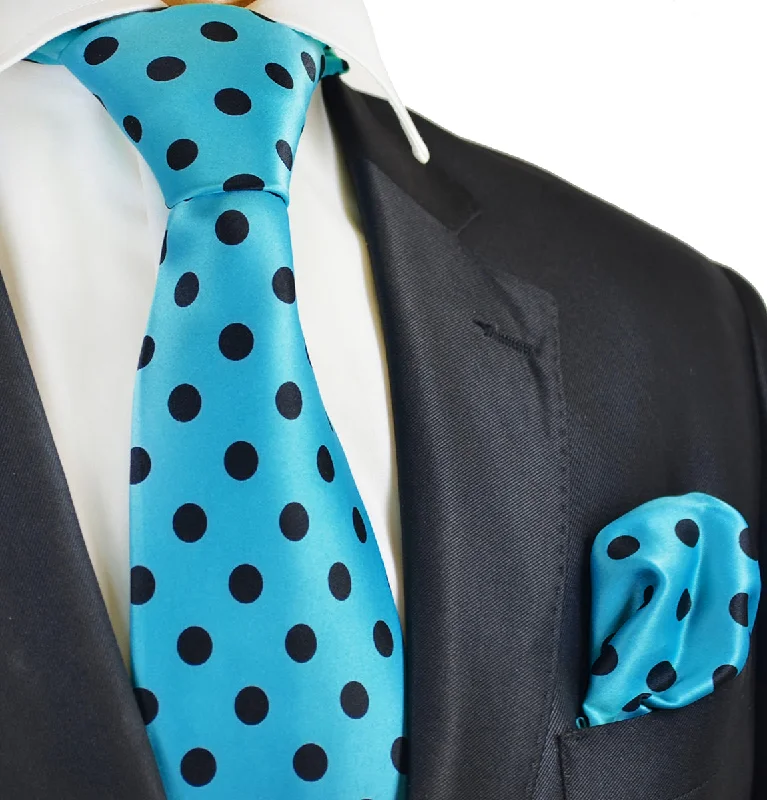 Turquoise and Black Polka Dot Tie and Pocket Square