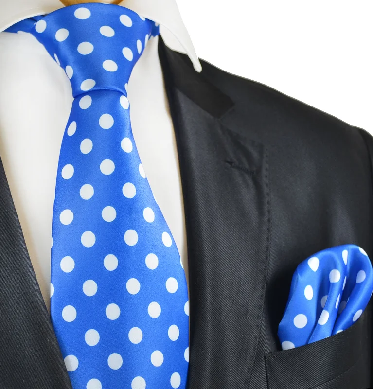 Royal and White Polka Dot Tie and Pocket Square