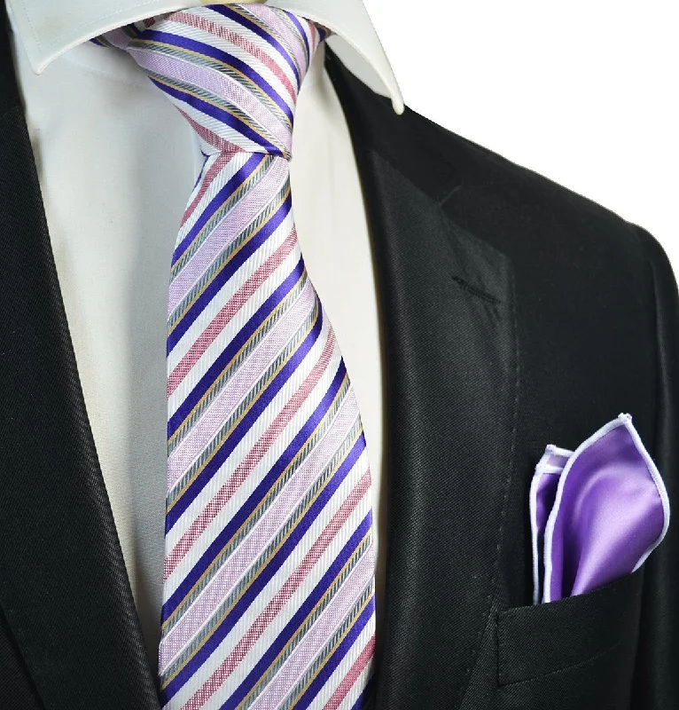 Purple and Blue Striped Men's Tie and Pocket Square