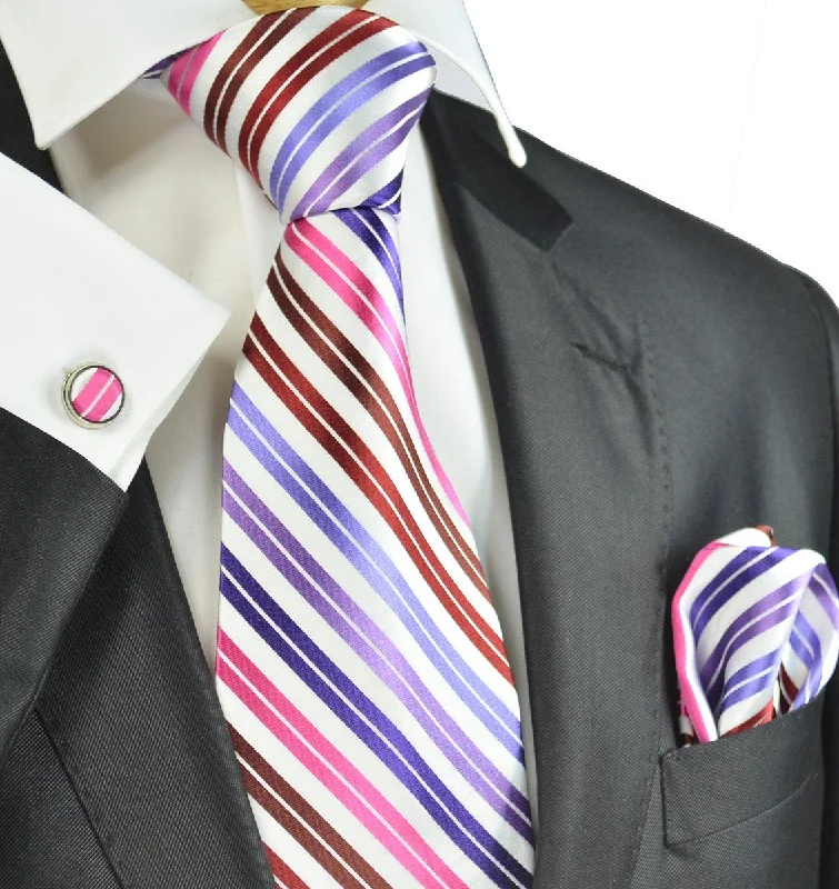 Purple and Pink Striped Silk Tie Set by Paul Malone