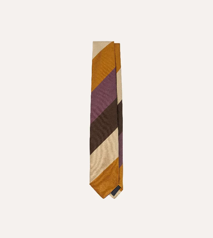 Purple, Brown and Cream Wide Stripe Repp Silk Cotton Tipped Tie