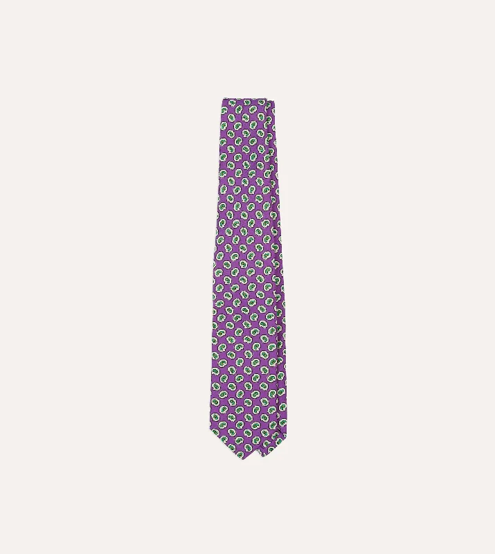 Purple Small Paisley Leaf Print Silk Self Tipped Tie