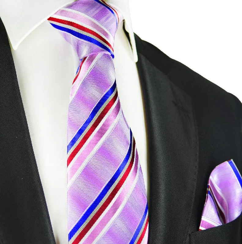 Purple Striped Silk Tie and Pocket Square