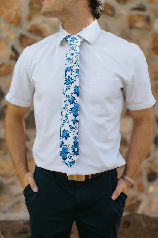 R&B White Tie w/ Blue Flower