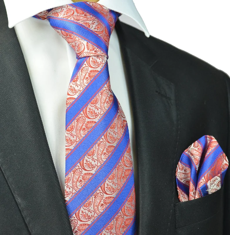 Red and Blue Striped Silk Tie and Pocket Square