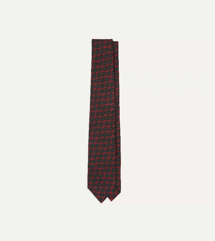 Red and Green Paisley Double Leaf Print Silk Self-Tipped Tie