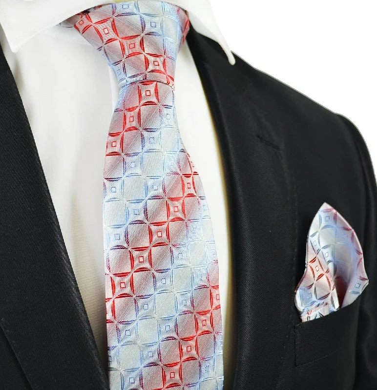 Red and Sky Blue Silk Tie and Pocket Square Set