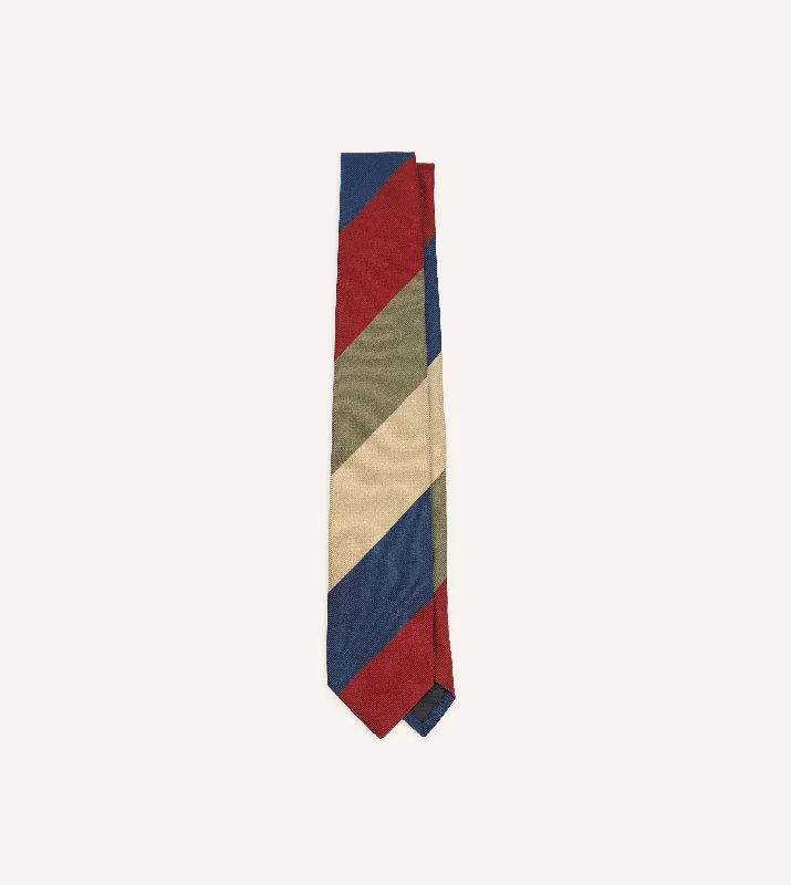 Red, Green and Navy Wide Stripe Repp Silk Cotton Tipped Tie