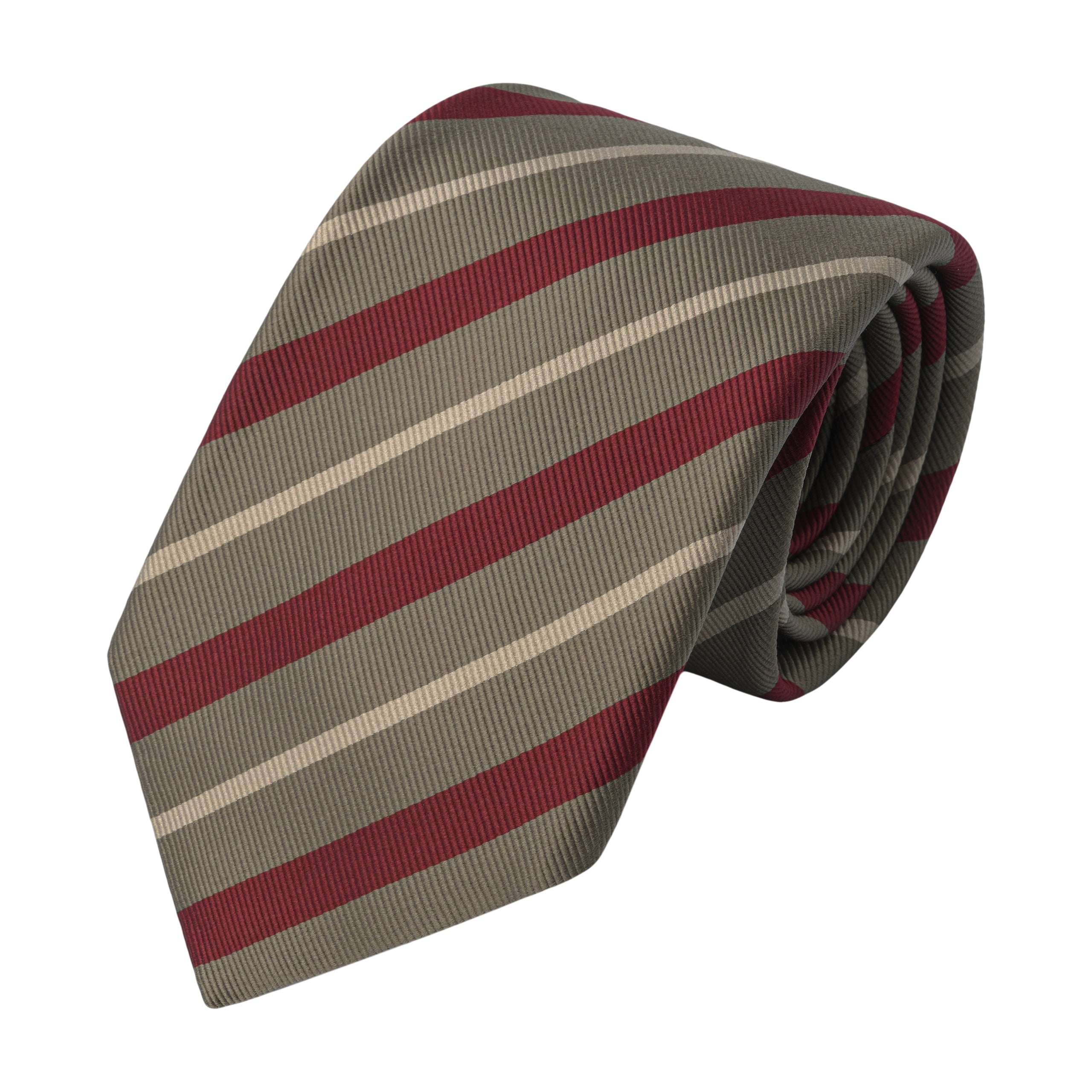 Regimental Silk Self-Tipped Tie in Green, Beige and Red