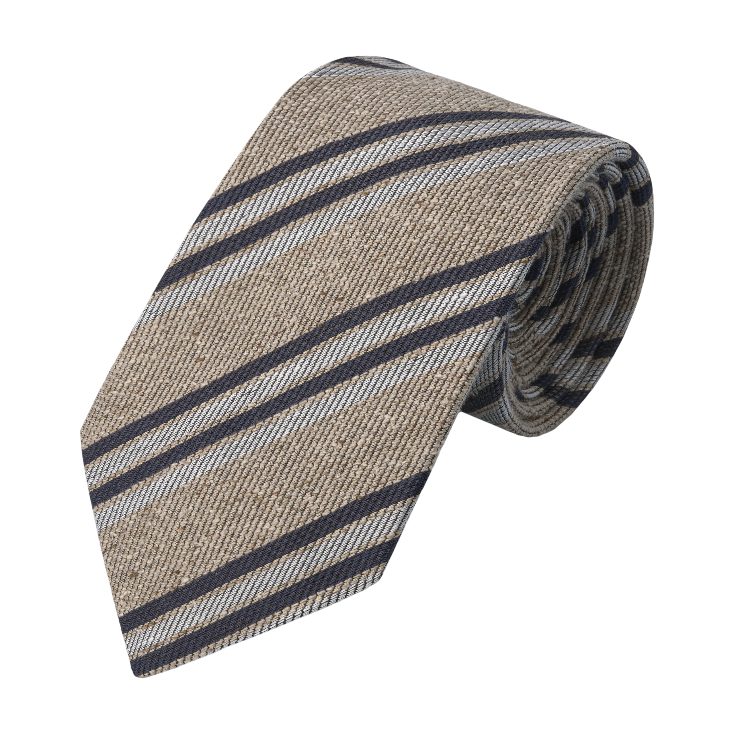 Regimental Silk-Linen Tie in Beige, Blue and Silver