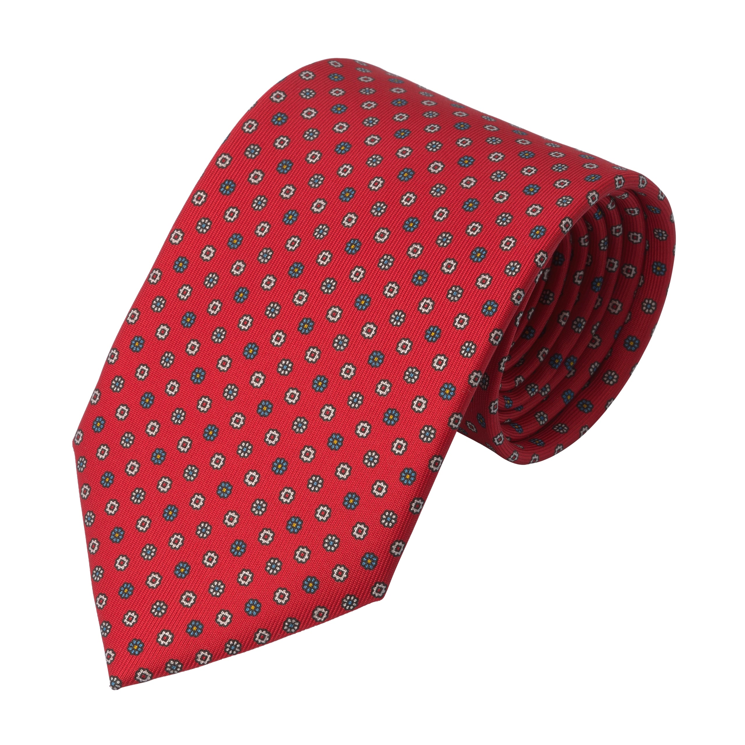 Flower Printed Self-Tipped Silk Tie in Red