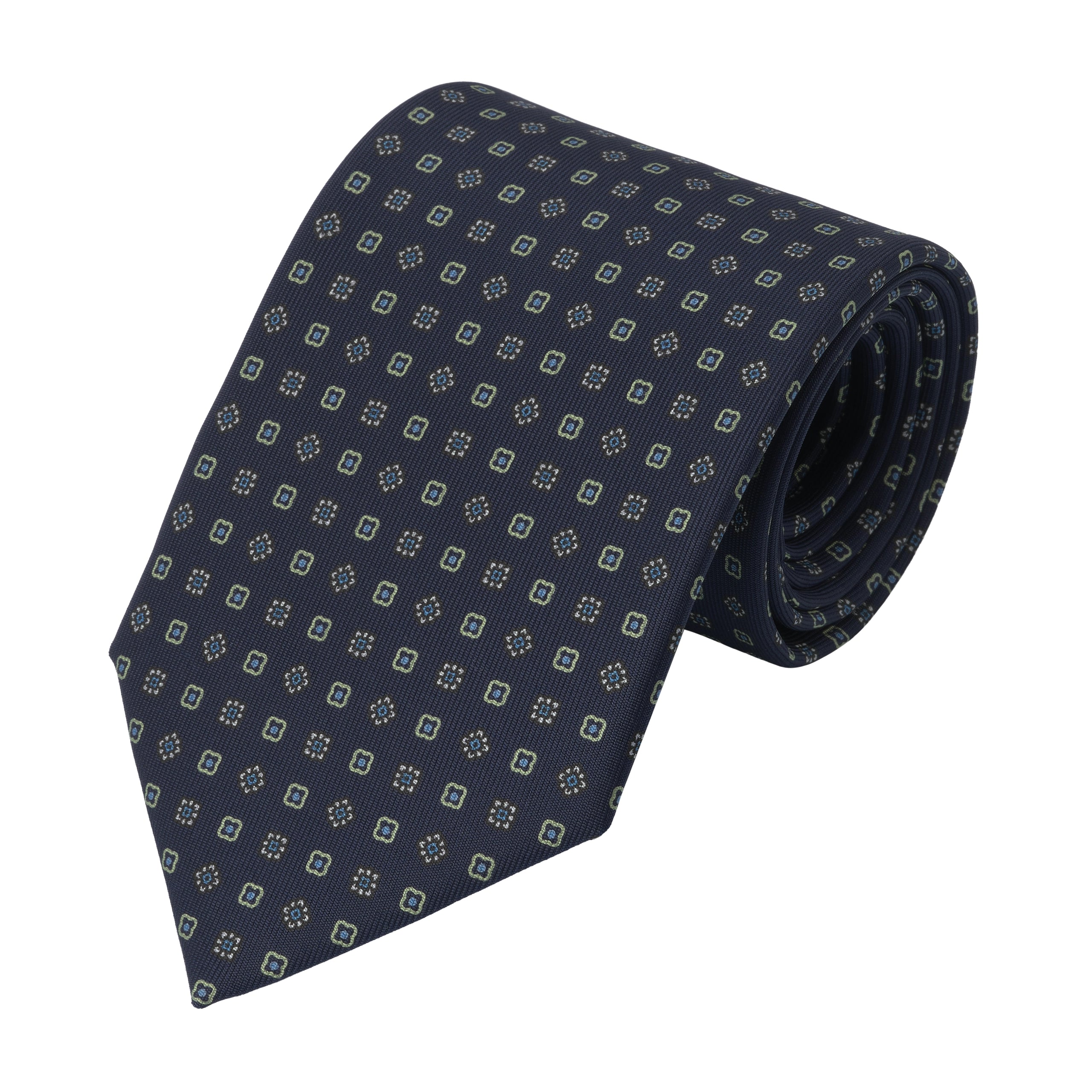 Flower-Printed Silk Tie in Dark Blue