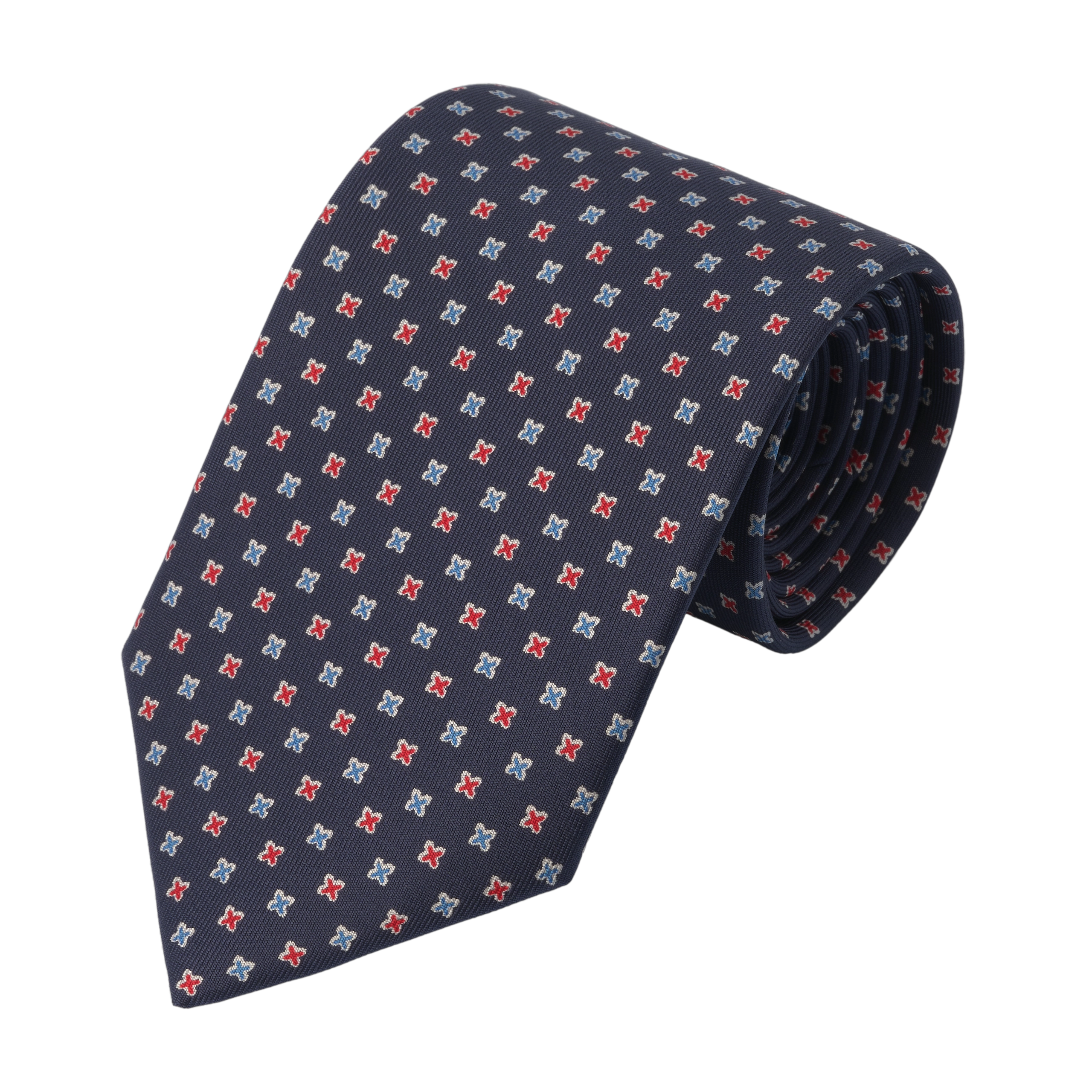 Printed Self-Tipped Silk Tie in Navy Blue