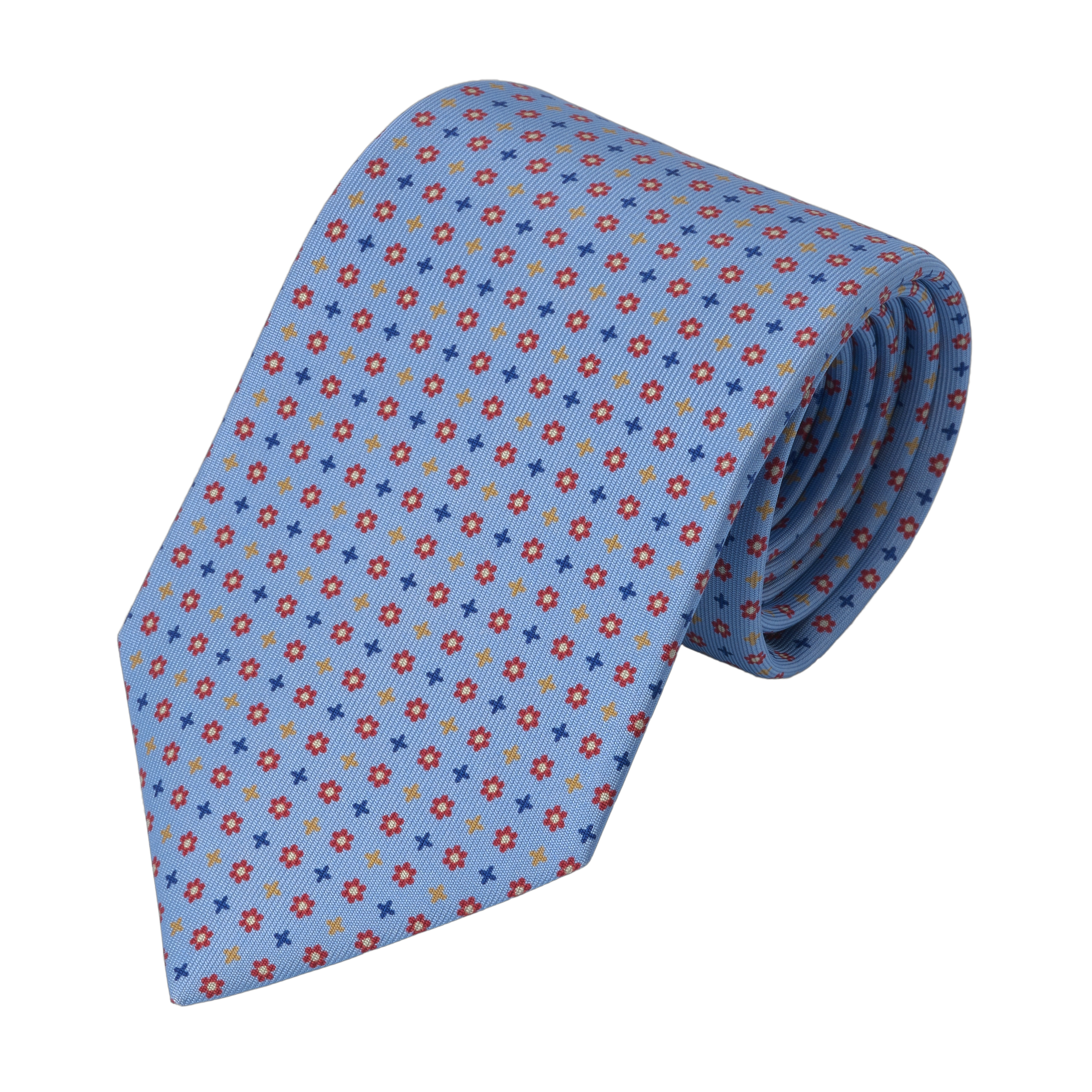 Flower Printed Self-Tipped Silk Tie in Sky Blue