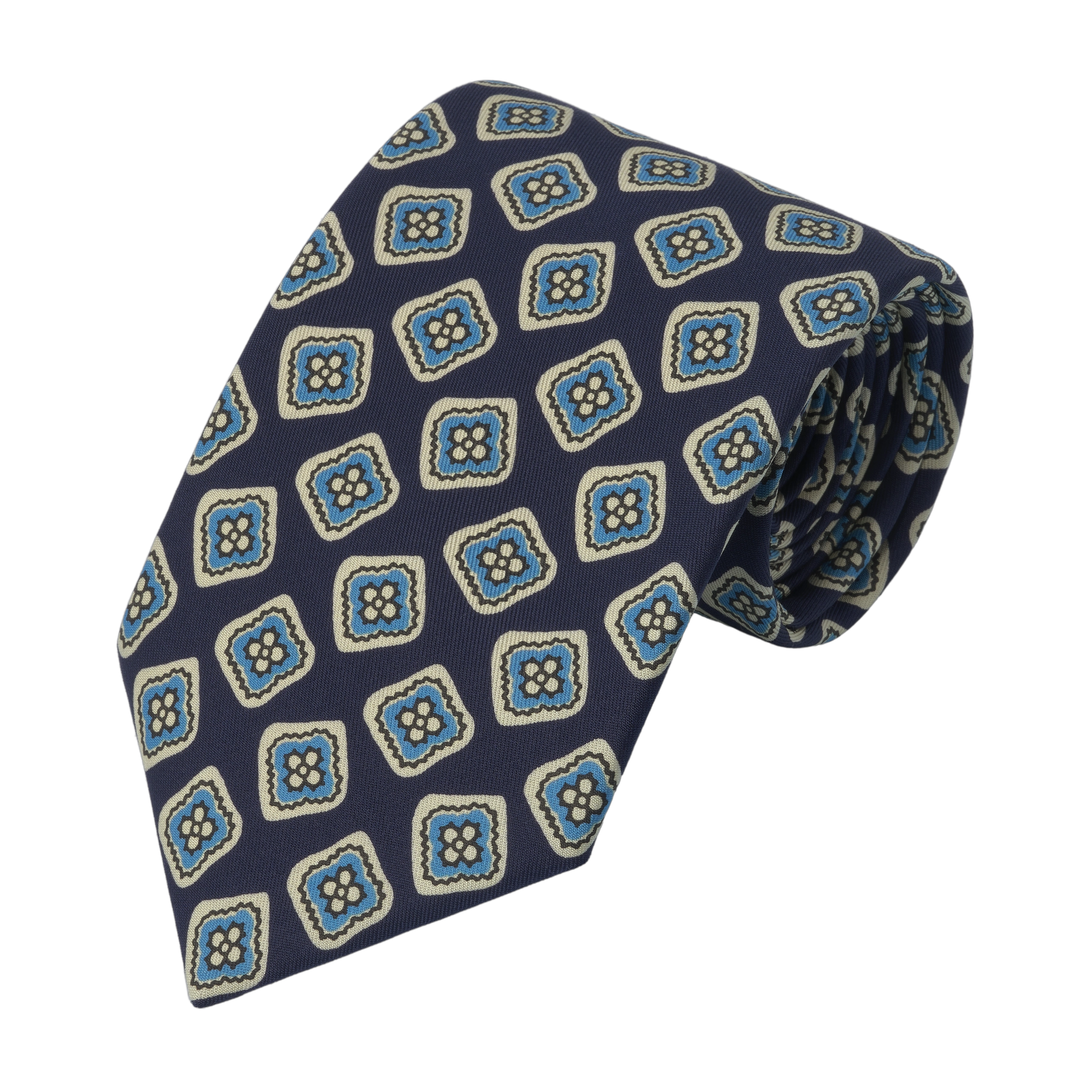 Flower Printed Silk Tie in Dark Blue