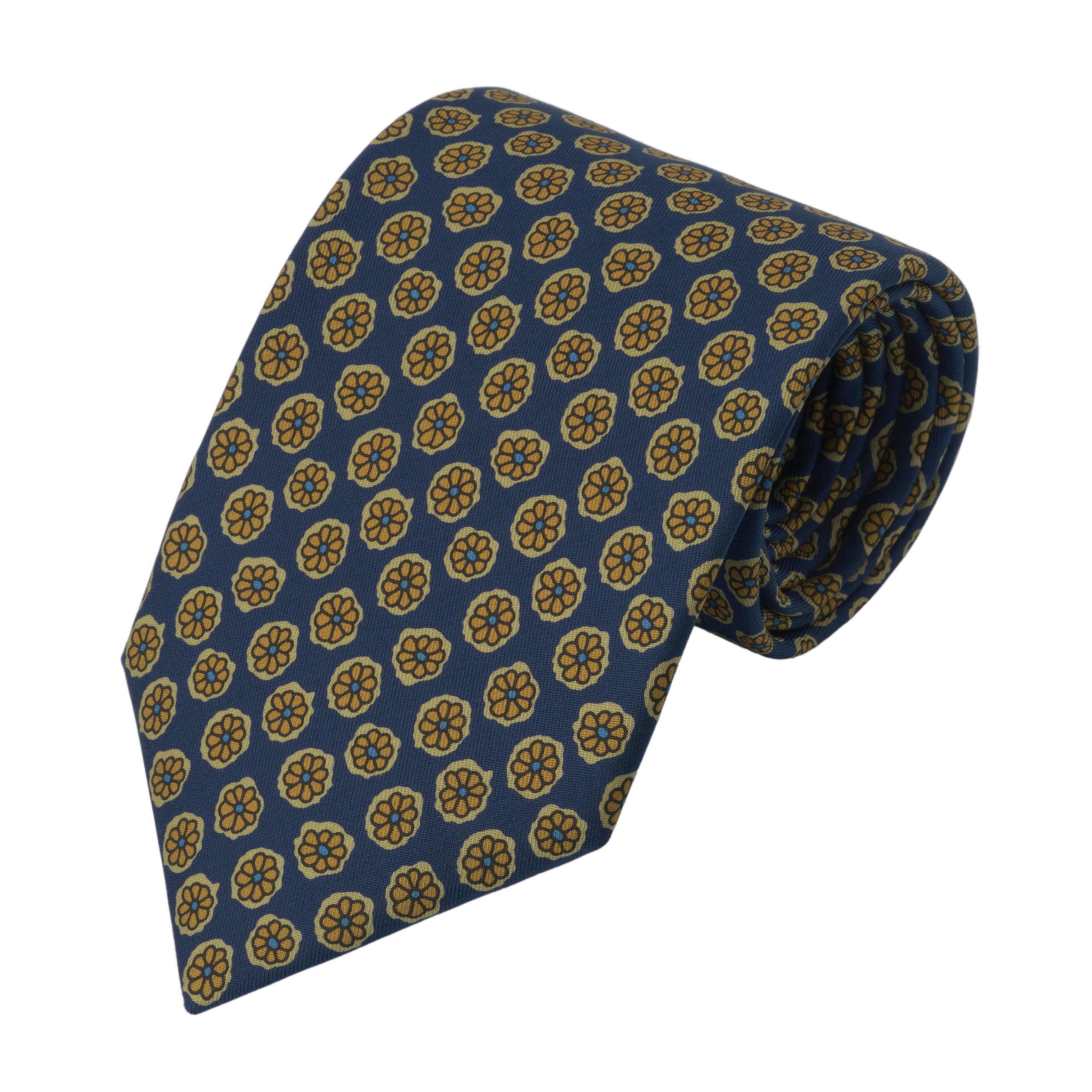 Yellow Flower Printed Silk Tie in Dark Blue