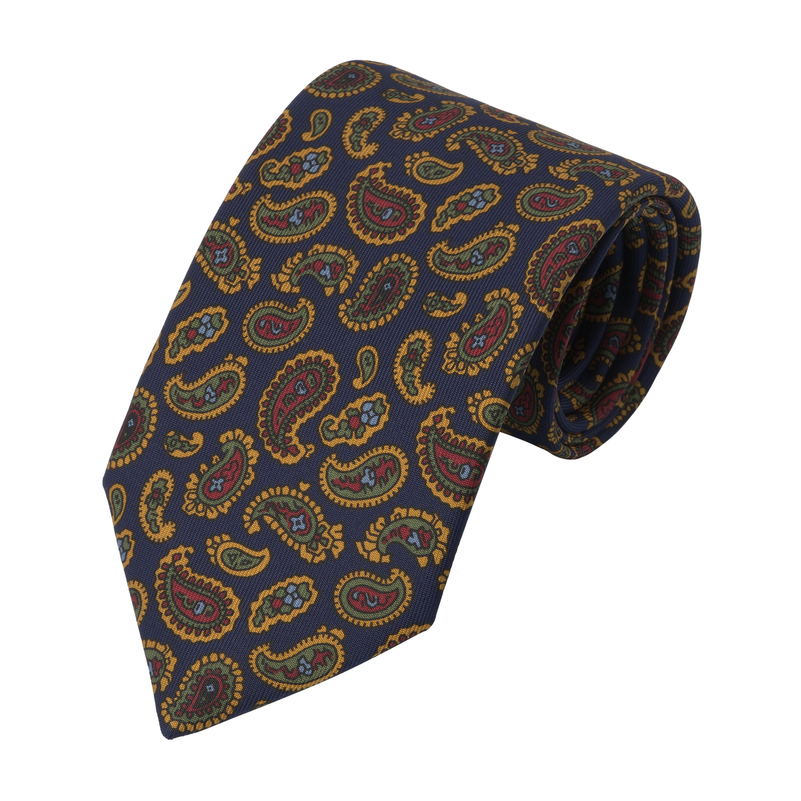 Printed Yellow Paisley Silk Tie in Dark Blue