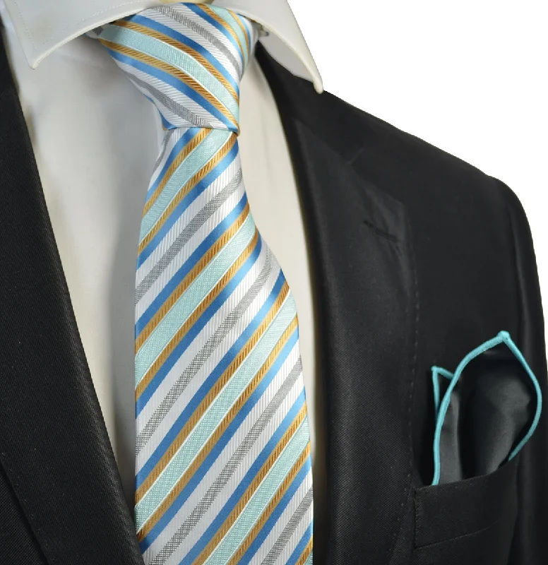 Teal and Brown Striped Men's Tie and Pocket Square