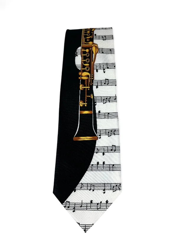 Black and White Saxophone Musical Notes Necktie Set