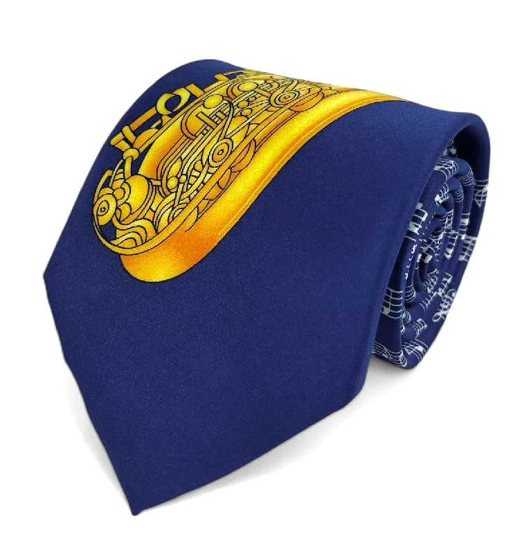 Navy Blue and Gold Saxophone Musical Notes Necktie Set