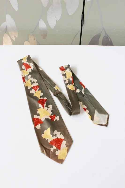 Vintage 1950s Olive Green Floral Rayon Tie With Red And Yellow