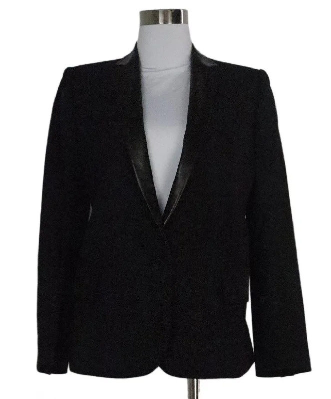 Balmain Black Wool Blazer w/ Leather Trim sz 2