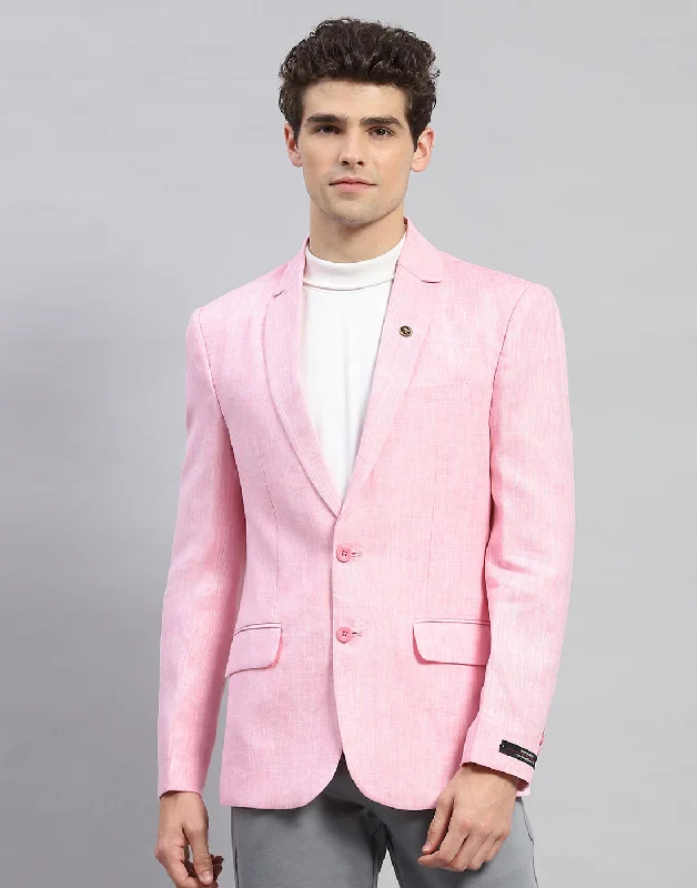 Men Pink Solid Notch Lapel Collar Full Sleeve Blazer