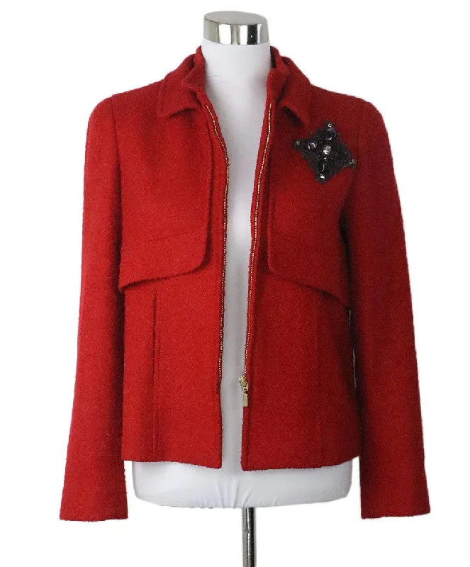 Oscar De La Renta Red Wool Jacket w/ Beaded Trim sz 8